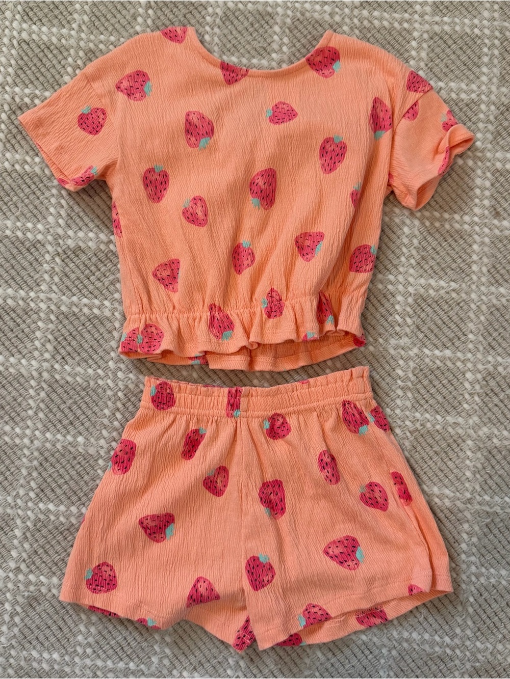 Girls Peach Strawberry Print Matching Top & Shorts Set